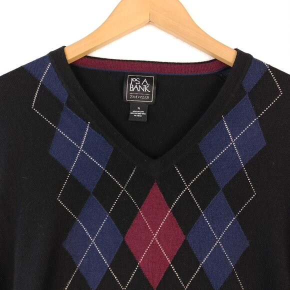 Jos A Bank Mens Argyle Sweater Size XL Black Red Merino Wool Traveler Academia - Picture 4 of 13